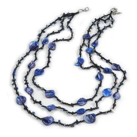 Avalaya 3 Strand Purple Blue/Black Glass Shell Bead and Semiprecious Stone Necklace/68cm Long