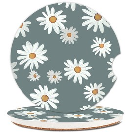 Ceramic Cup Holders Car Coasters for Women/Men,Cute Absorbent Drink Cup Car Holder Coasters with A Finger Notch 2.56" Pack of 2,Daisy Flower