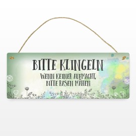 Metal Sign with German Text "Bitte klingeln - Wenn keiner aufmacht bitte Rasenmähen [German Language]