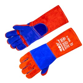 AMERICAN FUR Welding/BBQ Leather Gloves, 16 Inches, Red-Blue, Heat/Fire Resistant, Mitts for Oven/Grill/Fireplace/Furnace/Stove/BBQ/16 inches Extra Long Sleeve