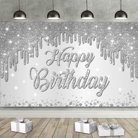 Happy Birthday Banner Silver Birthday Decorations for Women - Large Happy Birthday Backdrop Photography Background Banner Sign, Birthday Party Decor Supplies - 72x44 Inch