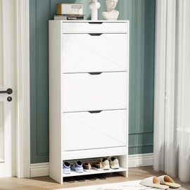 GLSCASA Shoe Cabinet with Shoe Cabinet with 3 Flip Drawers, Entryway Shoe Storage Cabinet with Open Shelf and Top Drawer, Free Standing Shoe Rack Storage Organizer for Entryway,Hallway,Closet, White