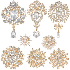 Achairder 8 Pack Gold Plated Assorted Crystal Rhinestones Brooch Pins Set for DIY Wedding Party bouquets Embellishment Crafts Decor