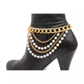 Alwasytyle4you Women Gold Metal Boot Chain Bracelet Shoe Anklet Wave Pearl Bead Strap Band Wrap