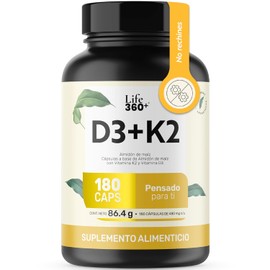 LIFE 360+ Vitamina K2 y D3 400 UI | 180 Cápsulas | Sin Azúcar Añadida ni Colorantes | Cápsulas de Gelatina a Base de Almidón de Maíz con Vitamina K2 y Vitamina D3 | Suplementos Alimenticios