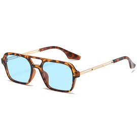 Vintage 90s Square Flat Aviator Sunglasses for Women Men Trendy Retro Rectangle Small Shades Narrow Sunnies Cool (Tortoise Shell Frame/Blue Tinted Lens)