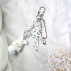 Nalefow Cute Keychain for Women Fuzzy Cat Dog Keychain Aesthetic Y2K Bag Charm Key Chains Accessories for Car Keys Bags (White Rabbit)