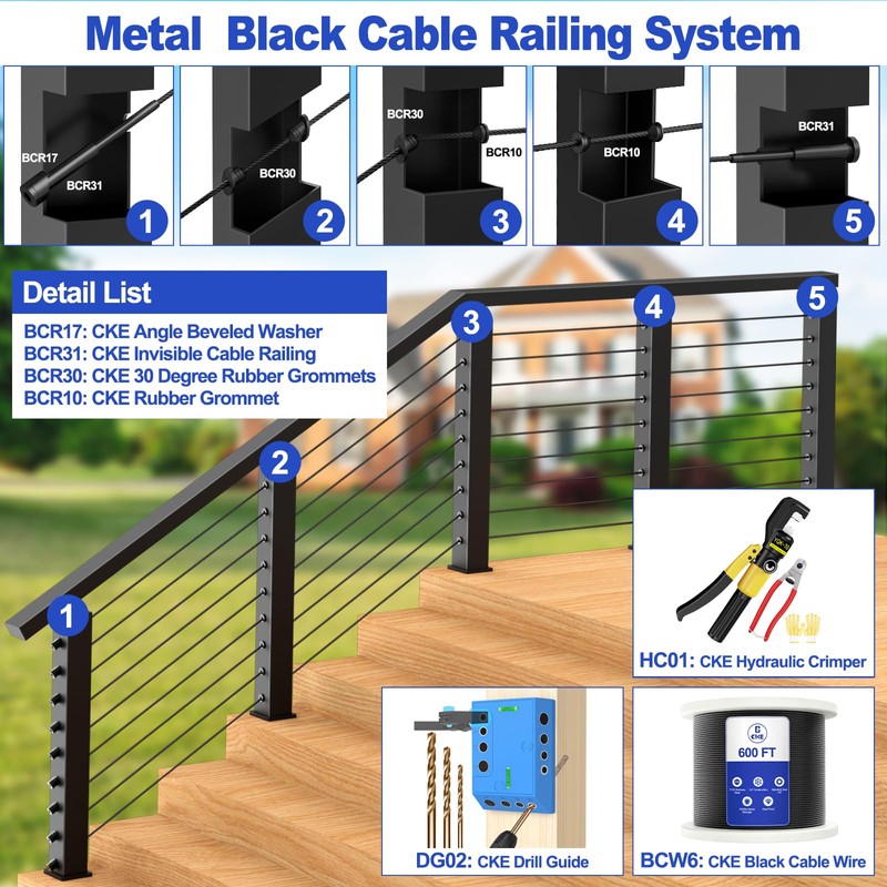 CKE 30 Pack 4"x4" Black Invisible Cable Railing Kit, T316