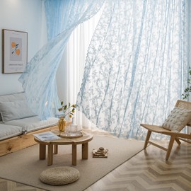 Sutuo Home - Cortinas de encaje azul de 84 pulgadas de largo, juego de 2 paneles de cortina transparentes para ventana, bordado floral, panel de gasa clásico, par de tratamiento para recámara, sala de estar, cocina, barra de bolsillo de 57 x 84 pulgadas 