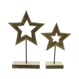 FRANK FLECHTWAREN Christmas Decoration Star, Set of 2, Mango Wood, Natural, Metal, Matt Black, Furniture Friendly Plastic Nubs, Dimensions: 16 x 5 x 25 cm, 20 x 5 x 31 cm