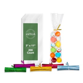Seal Fresh Cellophane Treat Bags With 4" Holographic Laser Twist Ties (5 Colors) – 3" x 11" (200 Count) – Clear Cellophane Bags, Cellophane Gift Bags, Party Favor Bags, Cookie Bags for Packaging, Candy