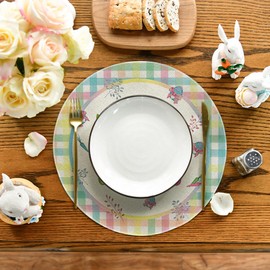 Artoid Mode Easter Round Placemats Set of 4, 14 Inch Colored Buffalo Plaid Bunnys Farmhouse Spring Round Table Mats for Easter Party Dining Decoration