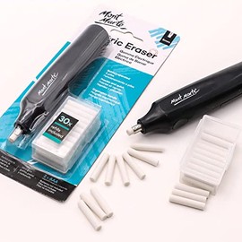 Mont Marte Borrador eléctrico, incluye 30 recambios de goma de borrar. Apto para uso con lápices de grafito y lápices de colores.