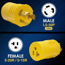 Shore Power 30 Amp to 110 Adapter, 30Amp to 15 Amp Generator Connector, NEMA L5-30P to 5-15R / 5-20R ETL-Certified for RV, Marine, and Household Use