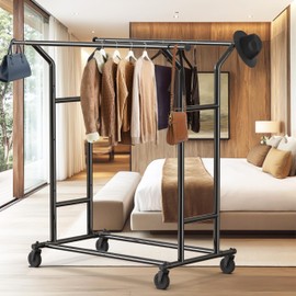 Simple Houseware Heavy Duty Double Rail Clothing Garment Rack, Holds Up to 200 lbs, 43 to 67 Inches Extendable Rod, Black