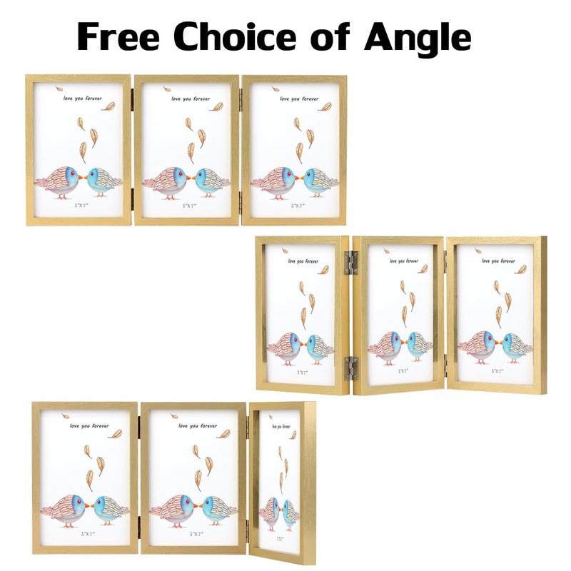 3 Picture Frame 5x7 Golden Triple Hinged MDF Wood with