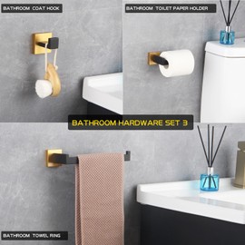 GERZWY Bathroom Hardware Accessories Sets Stainless Steel 3-Pieces - Robe Hook Toilet Paper Holder Towel Ring (Black & Gold)