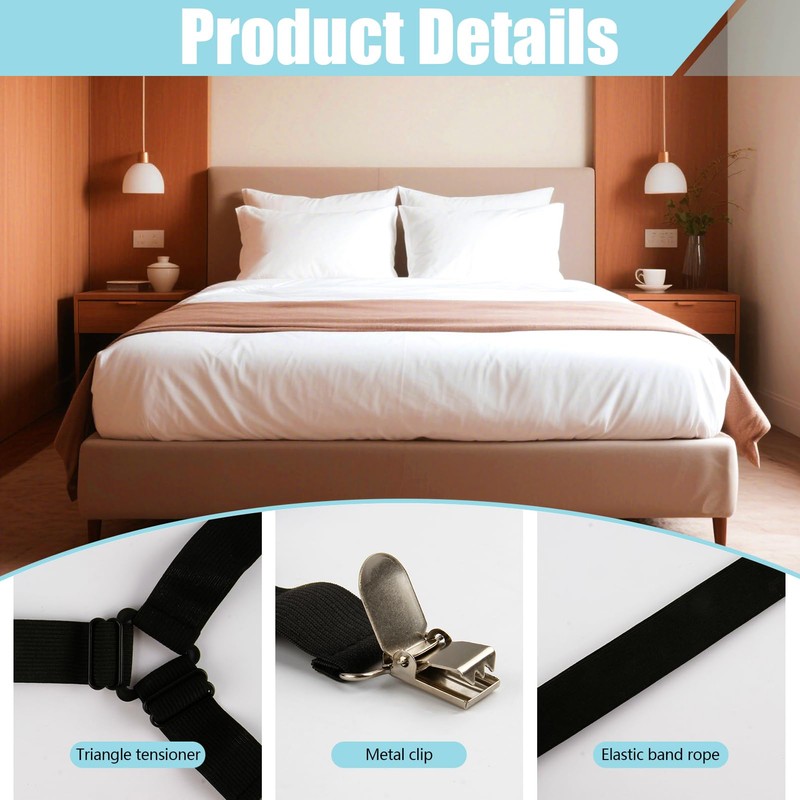 Pack of 2 Bed Sheet Tensioners, Adjustable, Elastic Bed Sheet