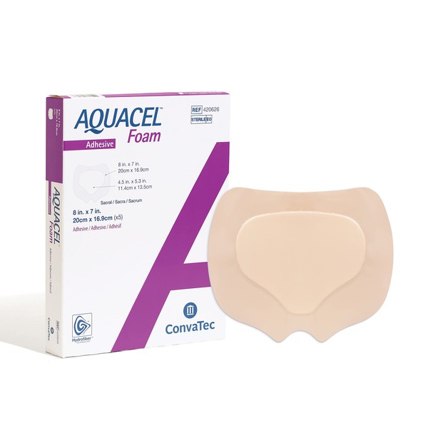 AQUACEL Foam 8"x7" Sacral Dressing with Silicone Gel Adhesive, Waterproof Wound Dressing, 420626, Box of 5