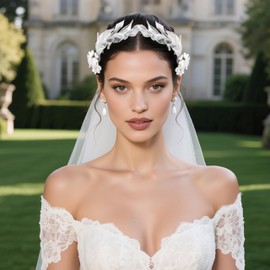 Coucoland Wedding Headband for Brides - Handmade Leaf Bridal Headpiece Floral Sparkling Clear Hair Accessories for Women