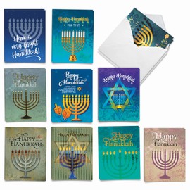 The Best Card Company - 20 Assorted Chanukah Notecards Boxed Set 4 x 5.12 Inch with Envelopes (10 Designs, 2 Each) Jewish Holiday Cards Hanukkah Lights AM6140HKG-B2x10