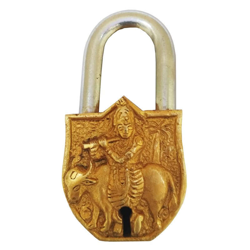 Purpledip Handmade Brass Antique Padlock with Sri Krishna (10013)