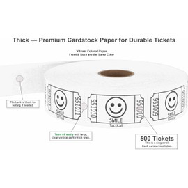 Tacticai 500 Raffle Tickets, Smile, White (1 of 8 Colors), Single Roll, Ticket for Events, Entry, Class Reward, Fundraiser & Prizes