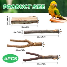 KIPTVO 4PCS Natural Wood Bird Perch, Budgie Perches, Parrot Perch, Wooden Perch Bird Swing, T Stand Parrot Perch Stands, for Parrotlets Cockatiels Budgies Parakeets Parakeets Lovebirds