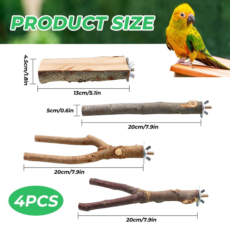 KIPTVO 4PCS Natural Wood Bird Perch, Budgie Perches, Parrot Perch,
