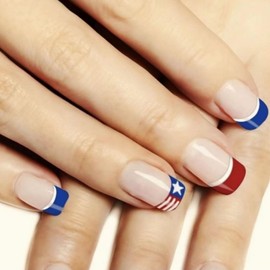 24 Pcs 4th of July Press on Nails Medium Square Fake Nails Red Blue French Tip Design Glue on Nails Star Full Cover False Nails Nude Patriotic Stick on Nails for Independence Day Manicure Tips