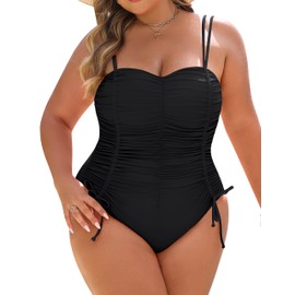 Blooming Jelly Women Plus Size One Piece Swimsuit Tummy Control Bathing Suit Ruched Drawstring Swim Suit Modest Swimwear 2XL,Black