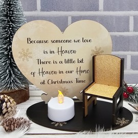 Pixie's Gifts Celebrate Loved Ones with our 'Because Someone We Love Is In Heaven' Heart on Stand with Miniature Chair - Gold Snowflake Christmas Memorial and Remembrance Keepsake (Gold Snowflakes)