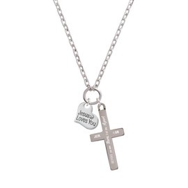 Delight Jewelry Silvertone Small Jesus Loves You Heart I Set You Apart Engraved Cross Zoey Necklace, 28"