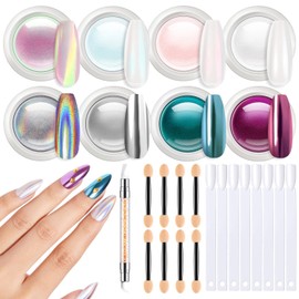 modelones Chrome Powder for Nails 8pcs, Magic White Pearl Chrome Nail Powder Kit Mirror Effect Chrome Powder Holographic Nail Powder Pigment Glitter Nail Powder Nailr Art Decoration