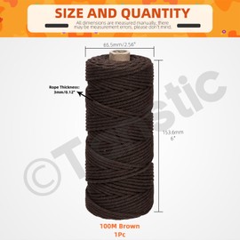 Tanstic 1Pc Brown Macrame Cord, 3mm x 109 Yards Colored Cotton Cord Macrame Rope, Cotton Rope Macrame Yarn Craft Cord for DIY Crafts, Plant Hangers, Knitting