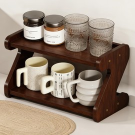 2-Tier Cup Holder Kitchen Shelf Coffee Cup Holder for Worktop Coffee Bar Spice Rack Organiser for Kitchen Bathroom (Dark Brown)