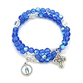 Wrap Around Rosary Bracelet Sparkling Blue Glass Beads Our Lady of Grace Medal