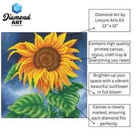 DIAMOND ART BY LEISURE ARTS Sunflower, 12"X12", Intermediate Diamond Painting Kits for Adults - Diamond Art Kits a Relaxing Creative Craft Kit with Gems