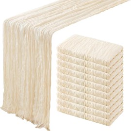10 Pack Beige Gauze Table Runner 35x120 Inches with 20 Ribbons, Cheesecloth Rustic Boho Table Runner for Bridal Shower Wedding Party First Communion Centerpiece Engagement Rustic Boho Decoration