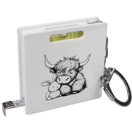 'Sleepy Highland Cow Cuddling with Plush Bunny' Keyring Tape Measure/Spirit Level Tool (KM00042705)