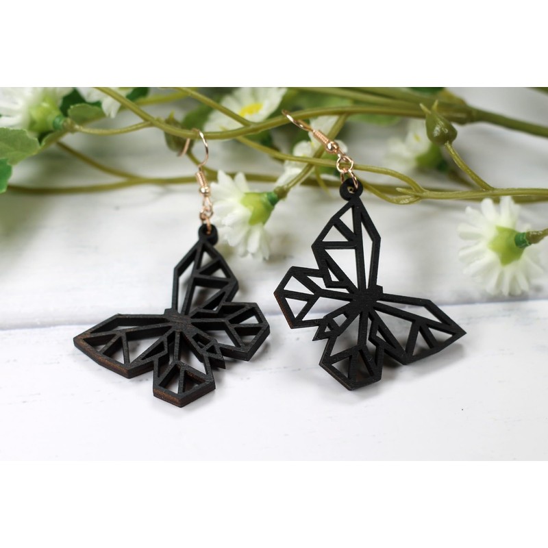 Geometric Butterfly Earrings in Black - Rustic Wood Earrings with