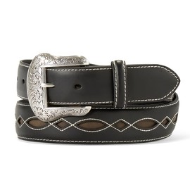 ARIAT Men's Leather Belt with Filigree Cutouts and Antique Silver Floral Buckle, black