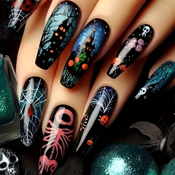 Halloween Press on Nails Medium Coffin Fake Nails Specter Pumpkin