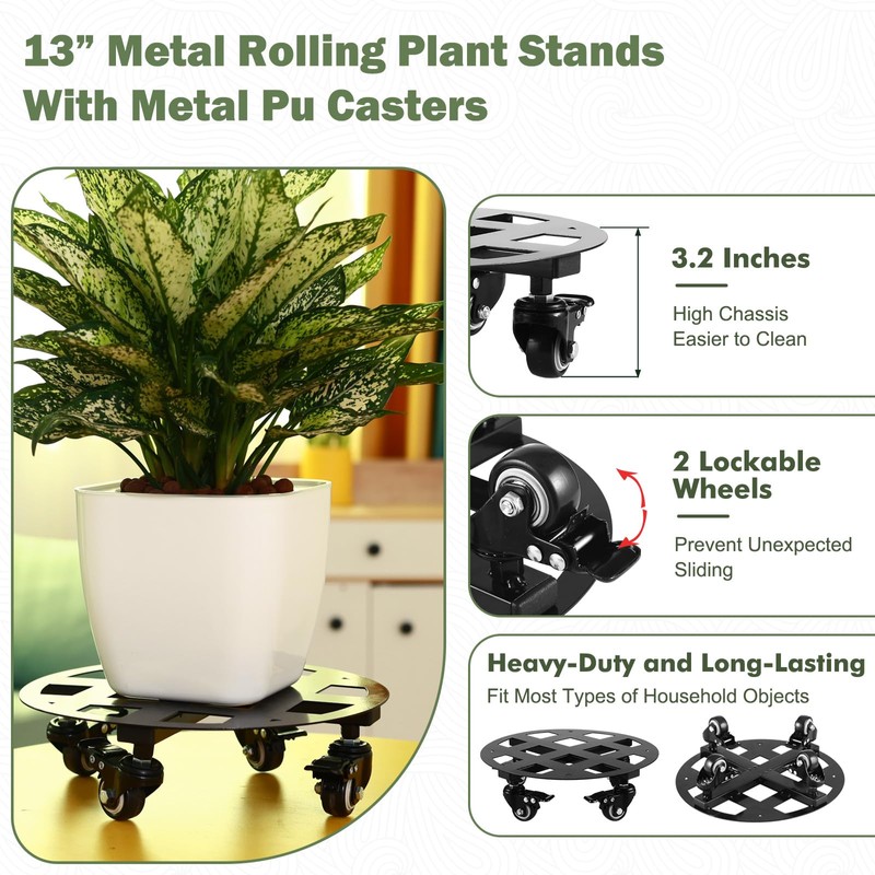 2 Packs Large Metal Plant Caddy with Wheels 13” Heavy-Duty