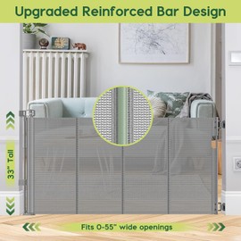 Reinforced 55" Wide Retractable Dog Gate with Support Rods, 33" Tall Retractable Baby Gate for Dogs, No Sag and Wrinkle Mesh Child Gates for Doorways, Indoor Pet Barrier Stair Gates for Kids, Gray