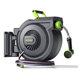 Retractable Garden Hose Reel, 5/8 Inch x 82 ft + 6 ft Wall Mounted Water Hose Reel with Auto Slow Rewind System, 10-Pattern Nozzle, Any Length Lock, 180° Swivel Bracket, Ideal for Easy Watering