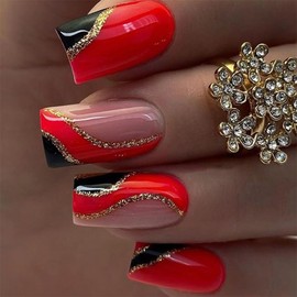 ANDGING Red Press on Nails Square Short Fake Nails with Glue Acrylic Black Gold Curved Glue on Nails with Designs Fantasy Gel Manicure False Nail for Women Girls Stick ons Nails for Wedding Birthday