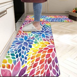 Colorful Dahlia Kitchen Rugs and Mats Set of 2 Abstract Floral Anti Fatigue Floor Mat Non-Slip Rubber Cushioned Standing Mat Kitchen Rugs for Kitchen Sink Front Laundry Home Decor,17.3x28+17.3x47 inch