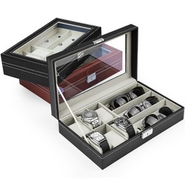 UVKDEENK 2 Pack Travel Watch Case, Leather Sunglasses Eyewear Storage Organizer Glasses Holder, Jewelry Box for Watch Band Sunglasses Display (Black+Brown)