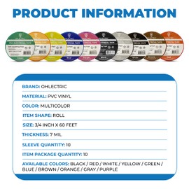 OHLECTRIC Professional Grade Electrical Tape |7mm Thick Multicolor Flame-Retardant, Heat & Weather Resistant 3/4" x60' | Ideal for Contractors & Electricians, Pack of 10